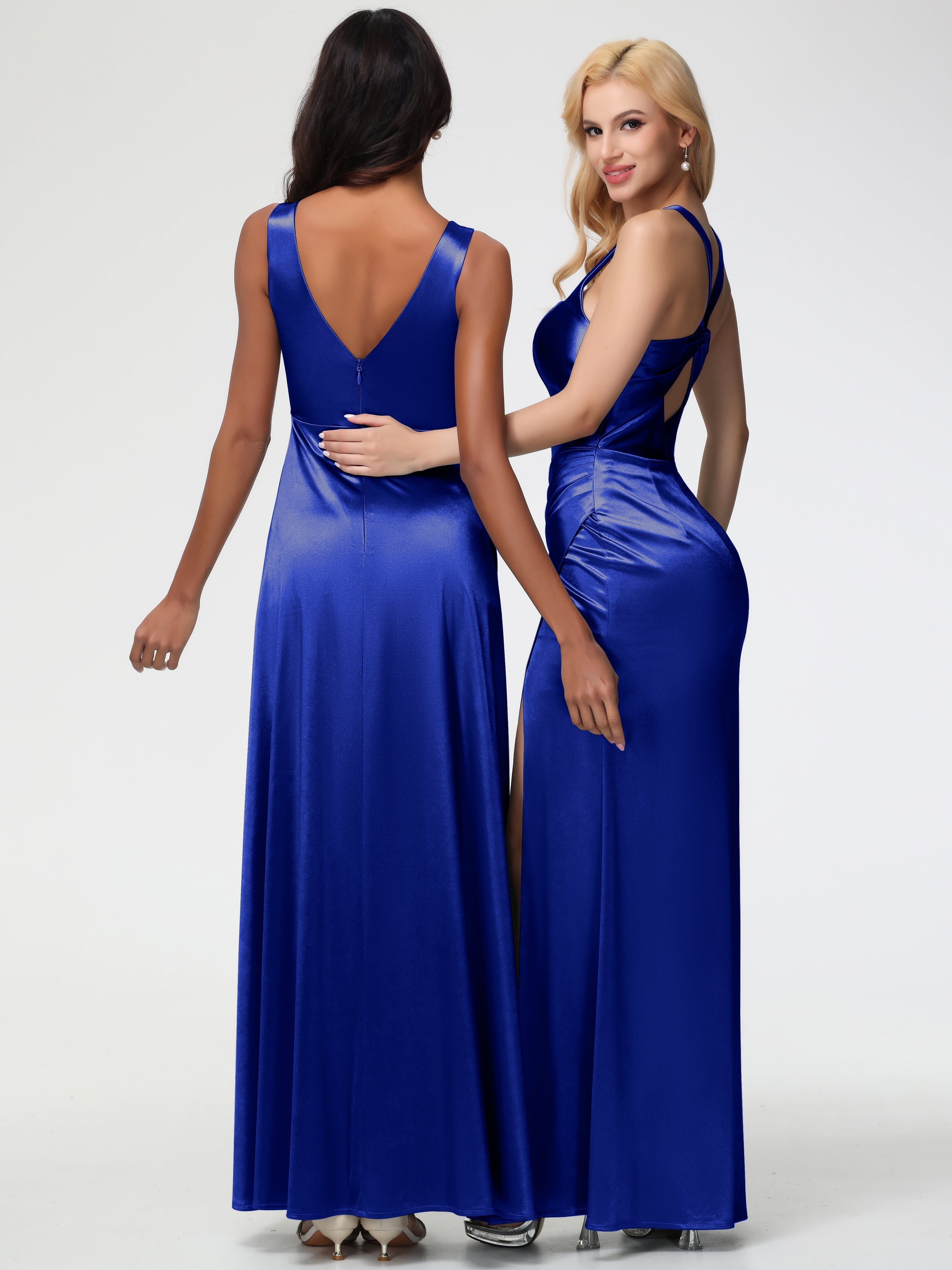 Royal Blue Formal Dresses Boohoo Sleeveless Stretch Satin V-Neck Floor Length A Line Long Stretch Satin Formal Dresses