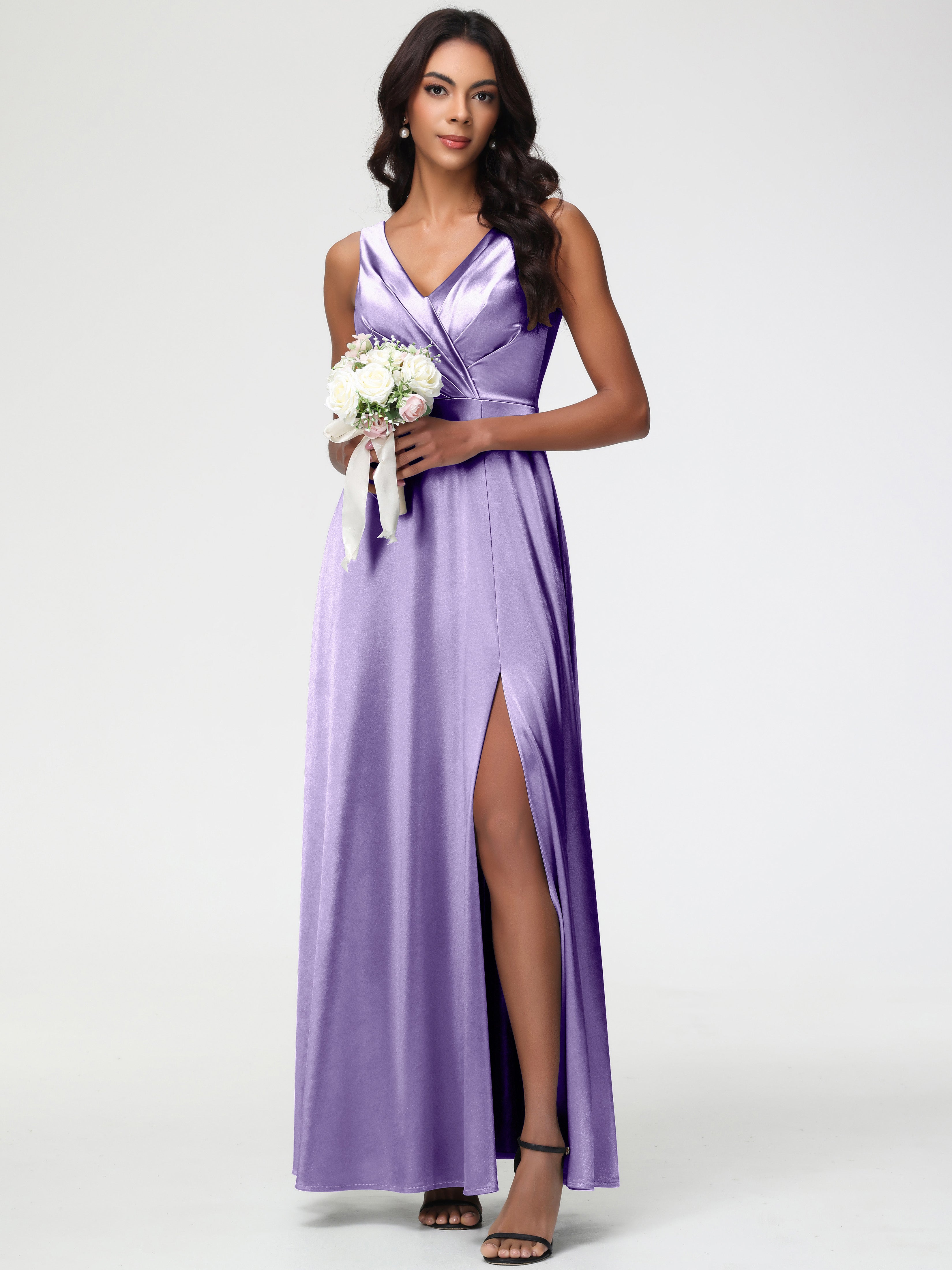 Tahiti Purple Formal Dresses Sleeveless Stretch Satin V-Neck Floor Length A Line Long Stretch Satin Formal Dresses