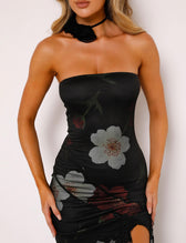 Floral Mesh Strapless High Split Ruffle Maxi Dress 3