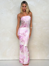 Floral Mesh Strapless Mermaid Maxi Dress
