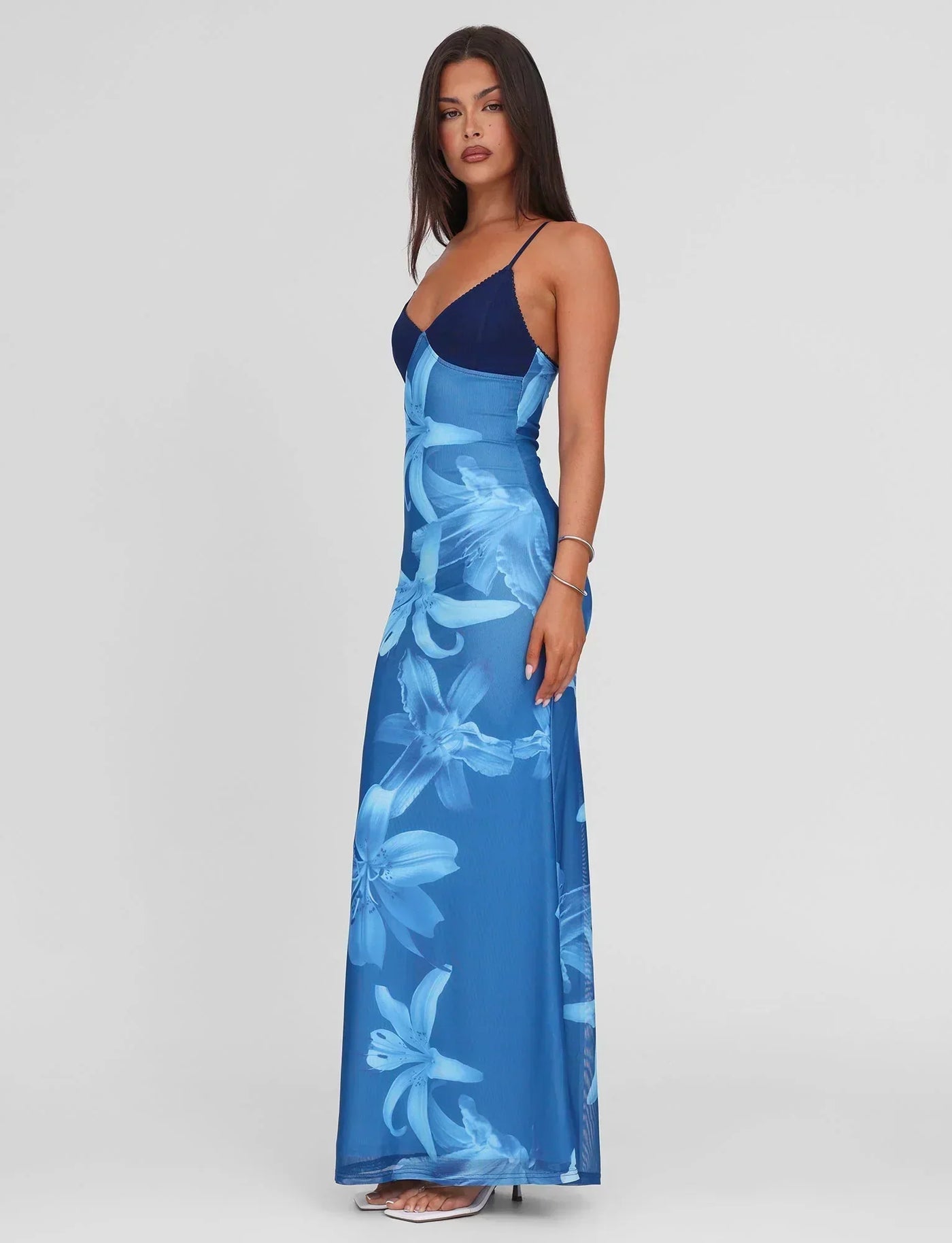 Floral Mesh V-Neck Spaghetti Strap Maxi Dress 3