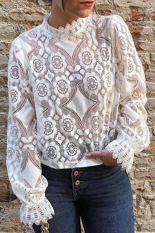 Lace Hollow Puff Sleeve T Shirt