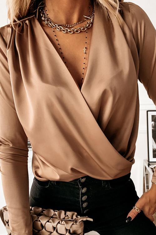 Satin V Neck Long Sleeve Blouse