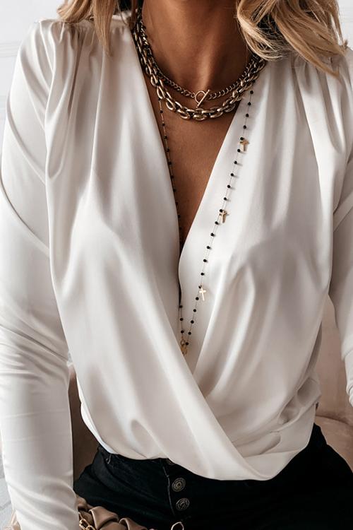 Satin V Neck Long Sleeve Blouse