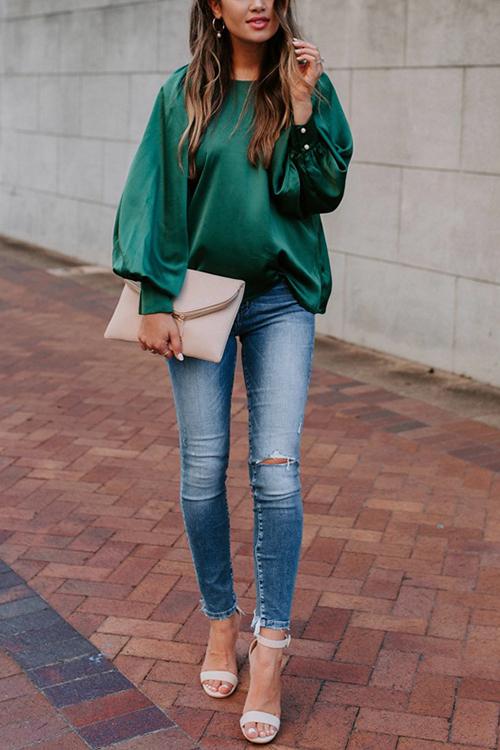 Satin Lantern Sleeve Blouse