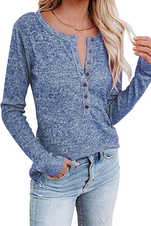 Button O Neck Knit Long Sleeve Top