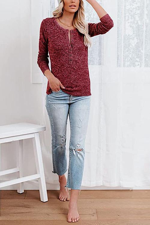 Button O Neck Knit Long Sleeve Top