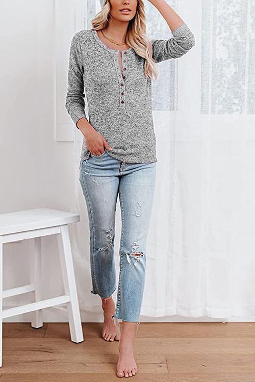 Button O Neck Knit Long Sleeve Top