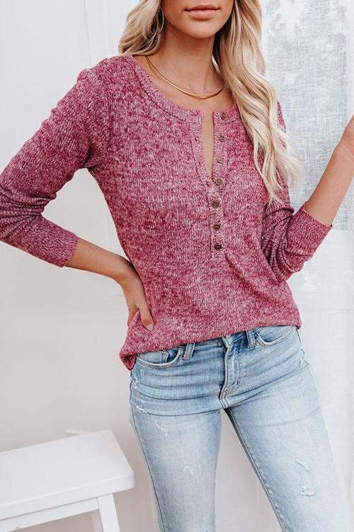 Button O Neck Knit Long Sleeve Top
