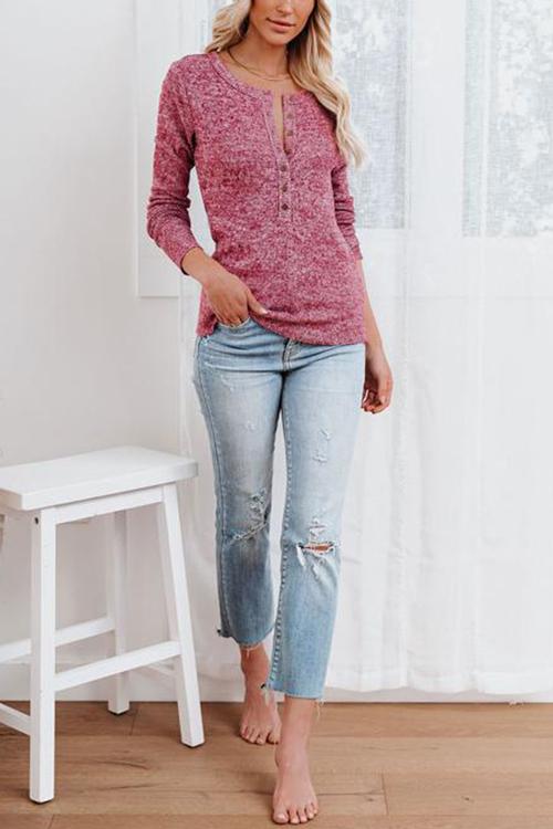 Button O Neck Knit Long Sleeve Top