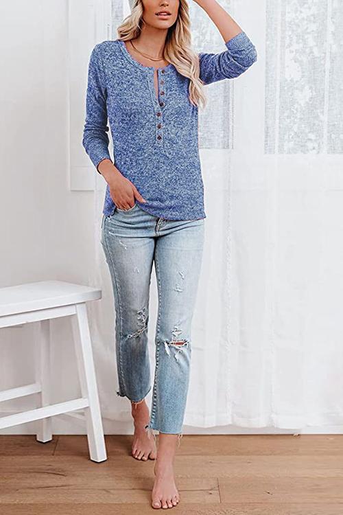 Button O Neck Knit Long Sleeve Top