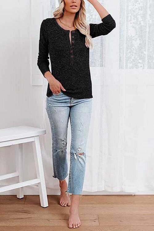 Button O Neck Knit Long Sleeve Top