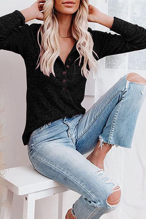 Button O Neck Knit Long Sleeve Top
