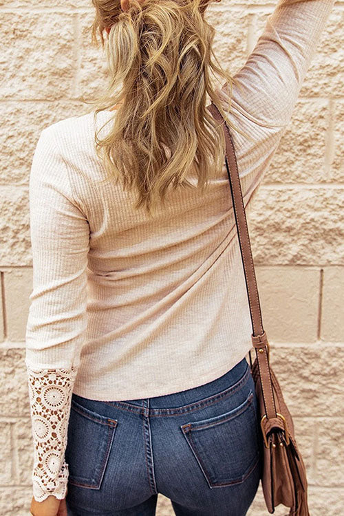 Button Lace Patchwork Long Sleeve T Shirt