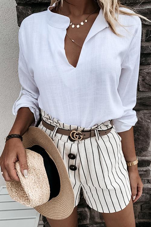 Solid Linen V Neck Loose Blouse