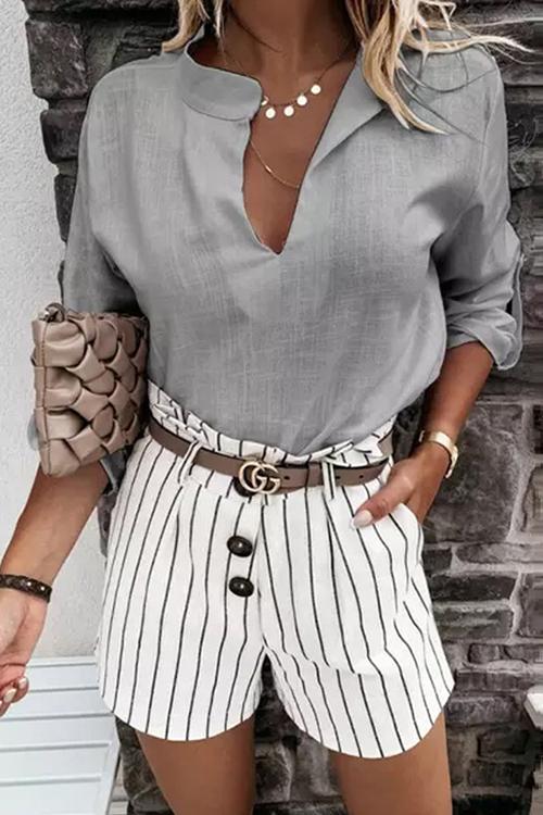 Solid Linen V Neck Loose Blouse