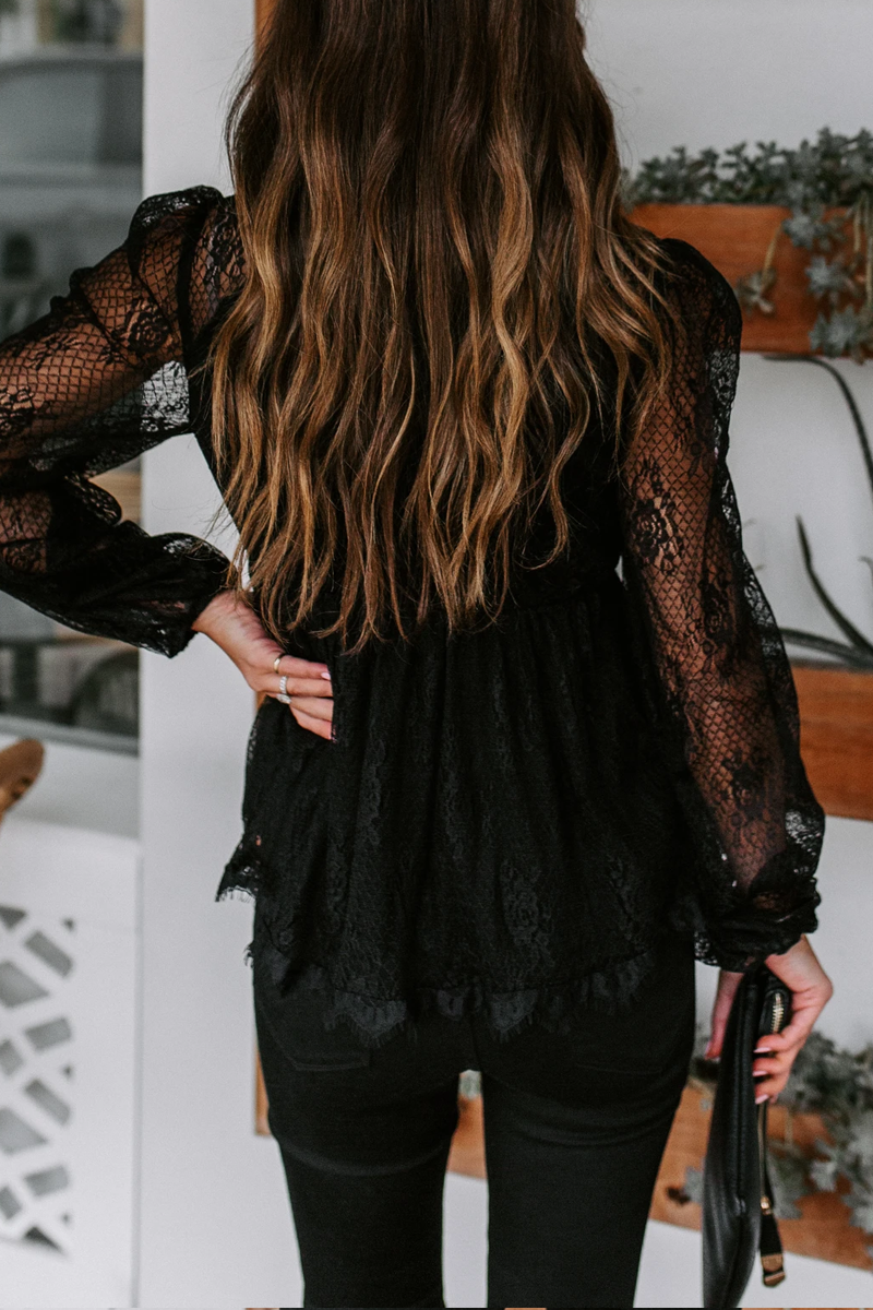 Sheer Lace V Neck Bow Tie Blouse