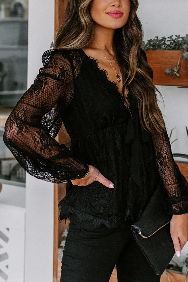 Sheer Lace V Neck Bow Tie Blouse