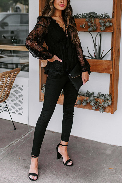 Sheer Lace V Neck Bow Tie Blouse