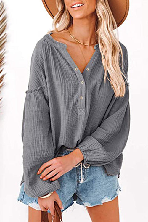 Button Neck Puff Sleeve Loose Blouse