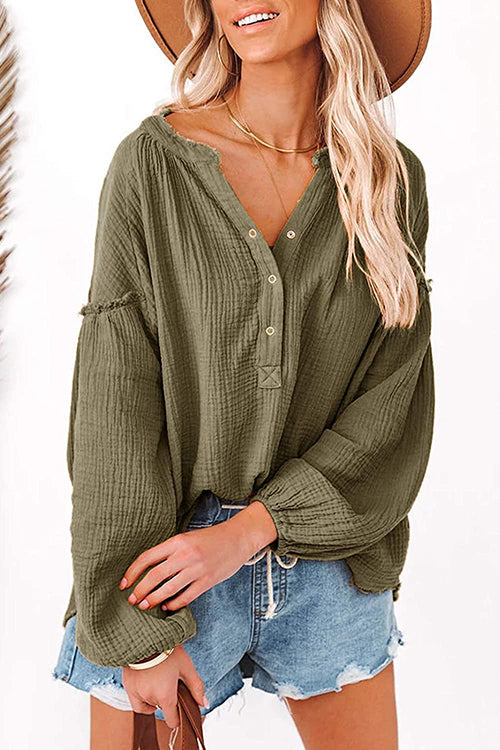 Button Neck Puff Sleeve Loose Blouse