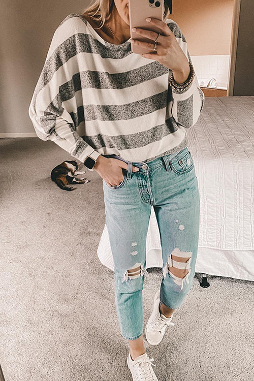 Stripe O Neck Bat Blouse