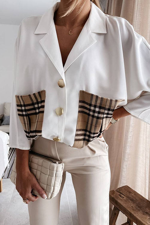 Lapel Plaid Pocket Button Blouse