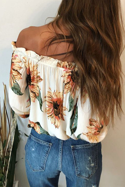 Off Shoulder Floral Drawstring Blouse
