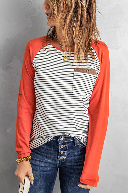 O Neck Long Sleeve Striped Raglan Top