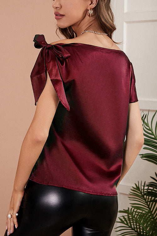 Satin Tie Shoulder Asymmetrical Neck Blouse