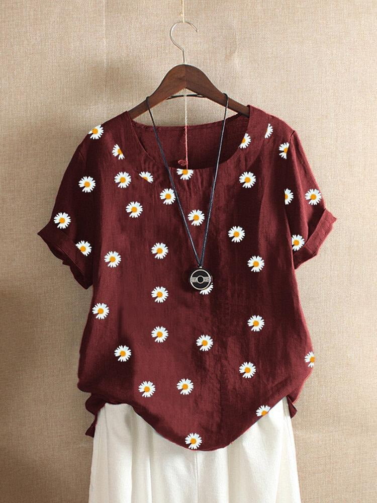 Women's Round Neck Floral Print Short Sleeves T-shirt