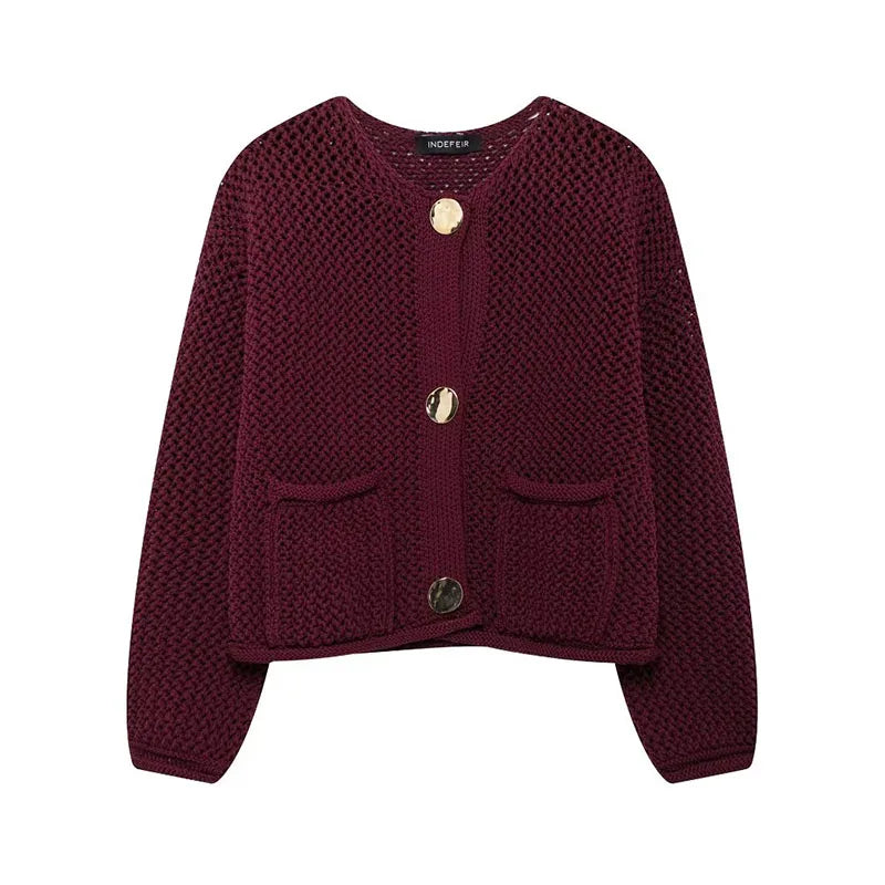 Crew Neck Button Front Open Knit Pocket Cropped Cardigan