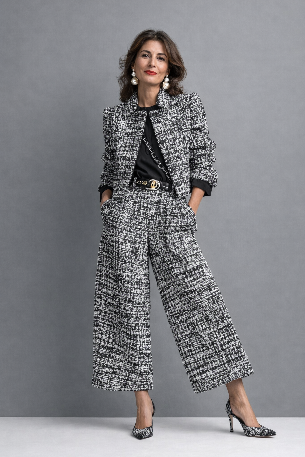 Tweed Collarless Jacket and Wide Leg Pants Two Piece Set