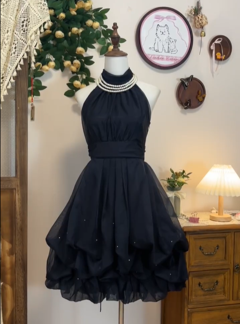 Pretty Halter Sleeveless Tulle Sequin Mini Prom Dress Black  Homecoming Dress S454