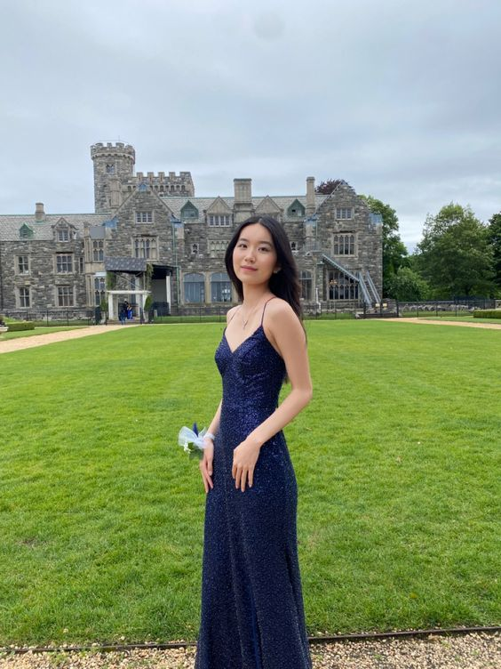 Navy Blue Sequins Sparkly Mermaid Spaghetti Straps Long Evening Prom Dress cc1311