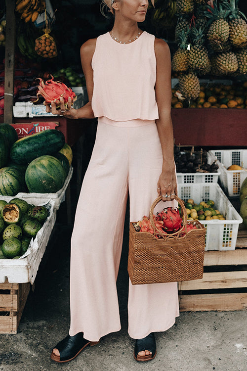 Solid Pockets Tank Pants Set