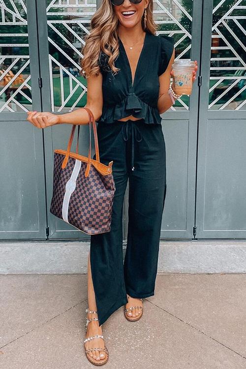 Ruffles Crop Slit Pants Set