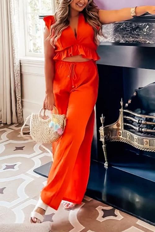 Ruffles Crop Slit Pants Set