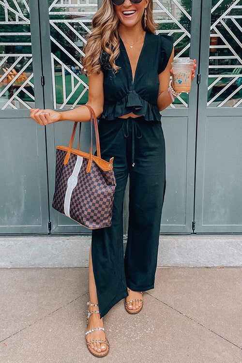 Ruffles Crop Slit Pants Set