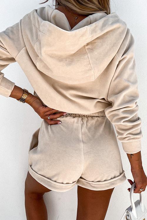 Solid Zipper Hoodie Jackets Shorts Set