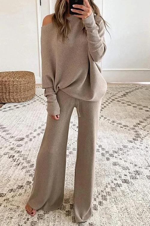 Solid Knit Dew Shouler Pants Sets