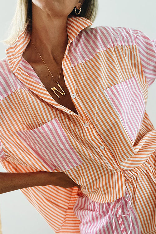 Patchwork Stripe Shirt Shorts Set