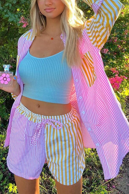 Patchwork Stripe Shirt Shorts Set