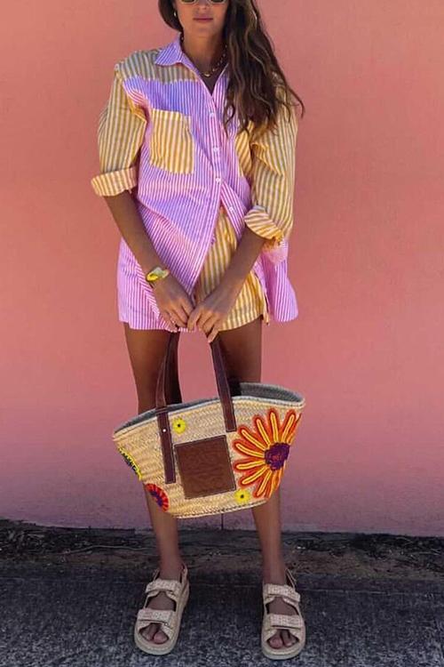Patchwork Stripe Shirt Shorts Set