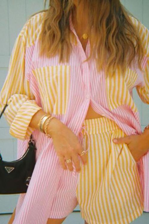 Patchwork Stripe Shirt Shorts Set