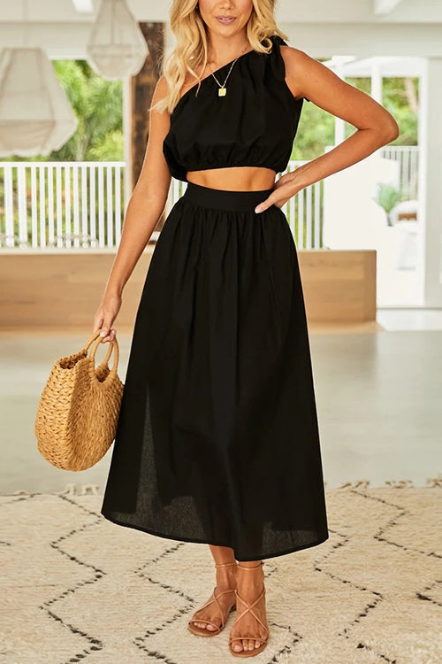 One Shoulder Crop Maxi Skirts Set