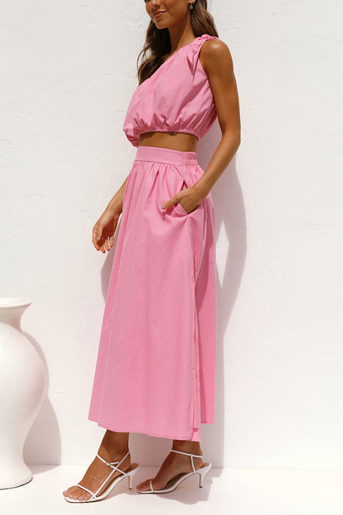 One Shoulder Crop Maxi Skirts Set