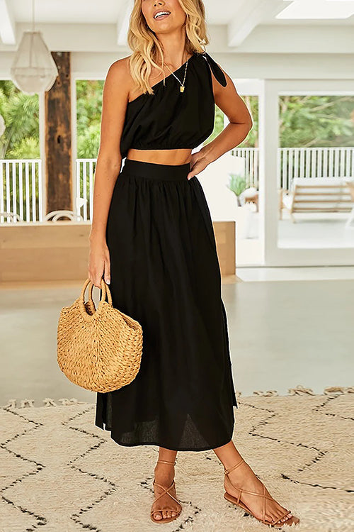 One Shoulder Crop Maxi Skirts Set