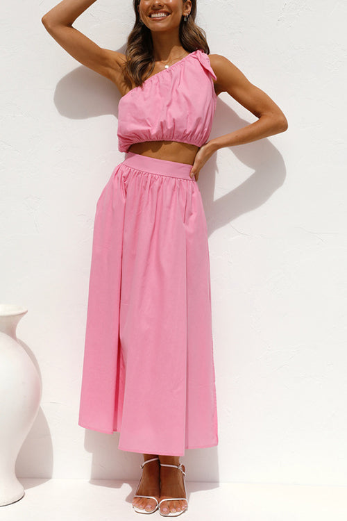 One Shoulder Crop Maxi Skirts Set