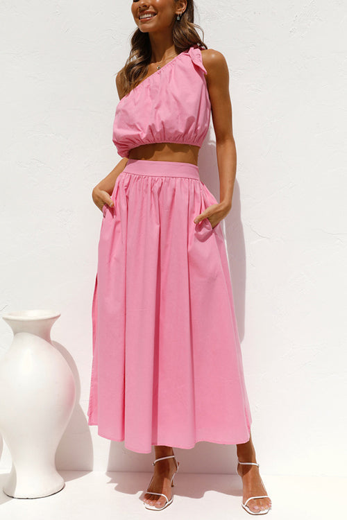 One Shoulder Crop Maxi Skirts Set